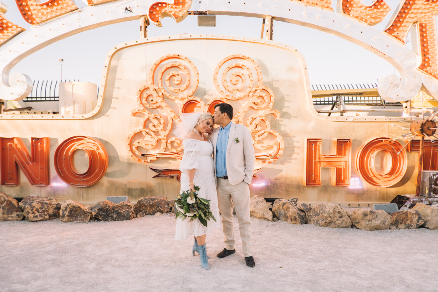 bride and groom at The Neon Museum in Las Vegas