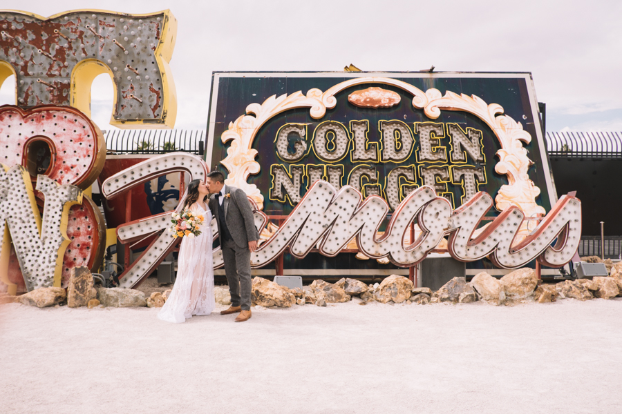 Bride & Groom in front of Golden Nugget Sign